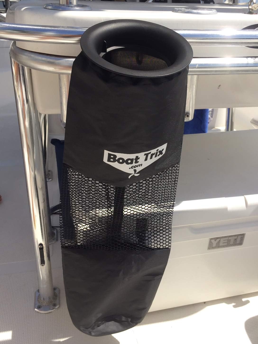 Boat cabin storage bag placed under a galley counter